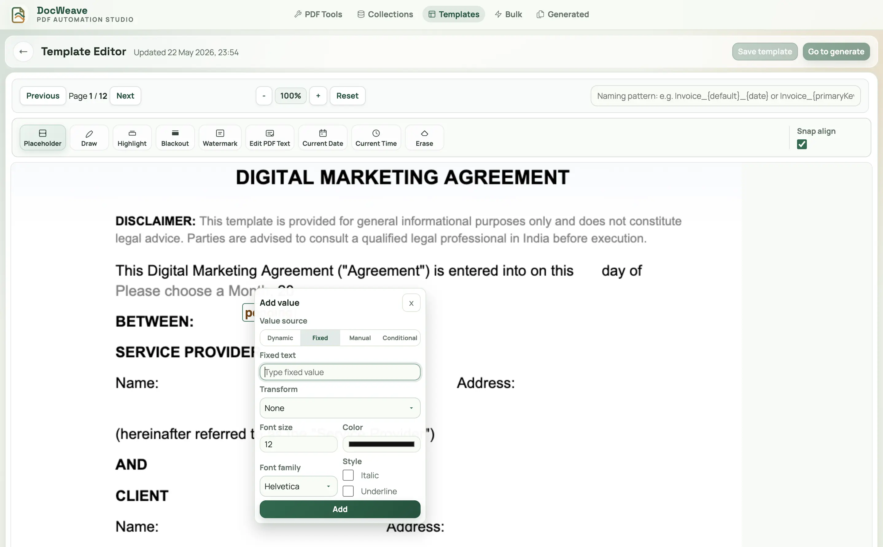 DocStitch template editor page