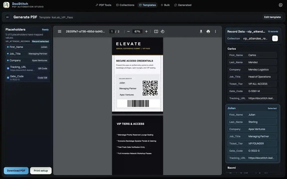 Personalized PDFs being previewed and generated in DocStitch