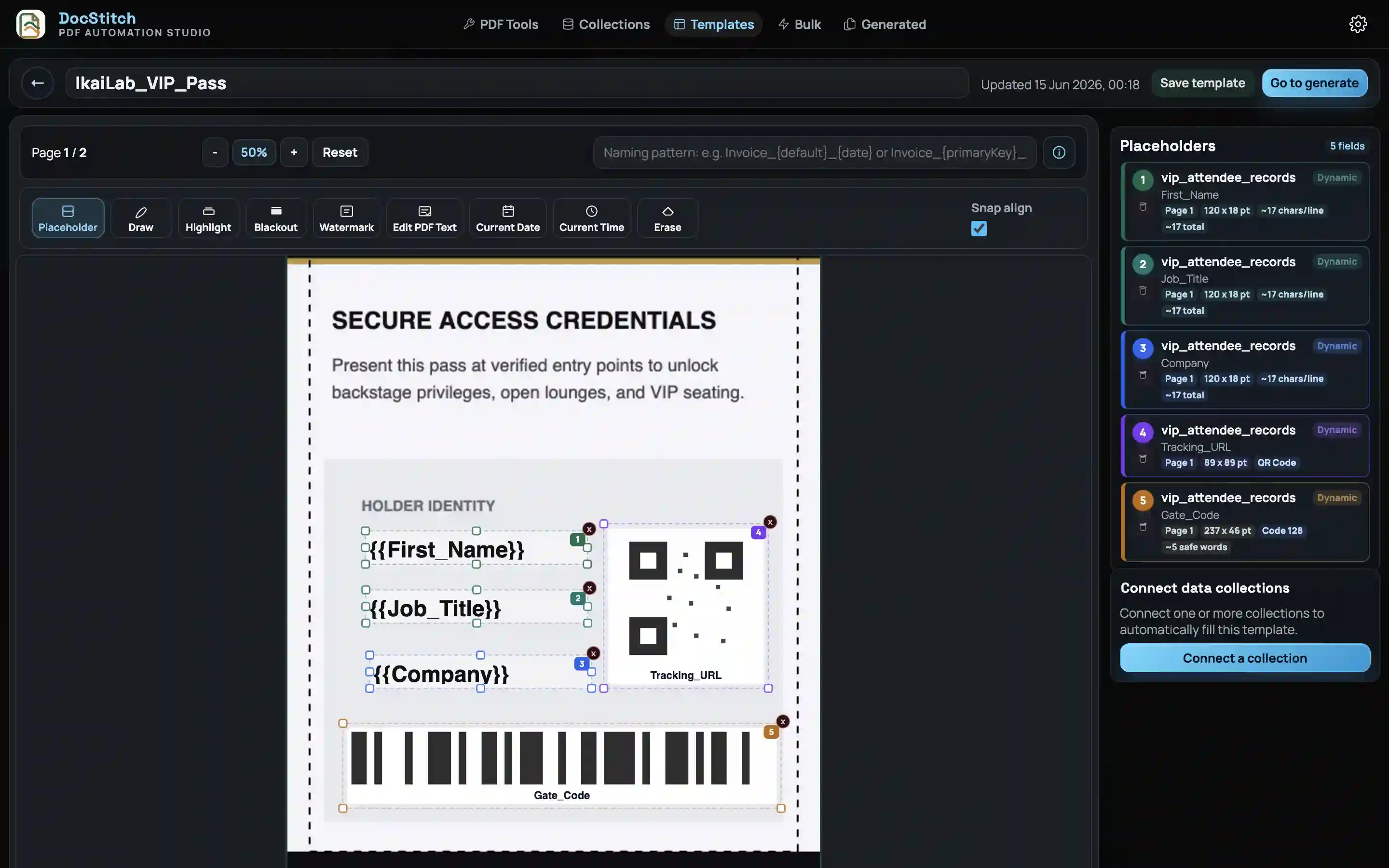 Reusable PDF template being mapped in DocStitch